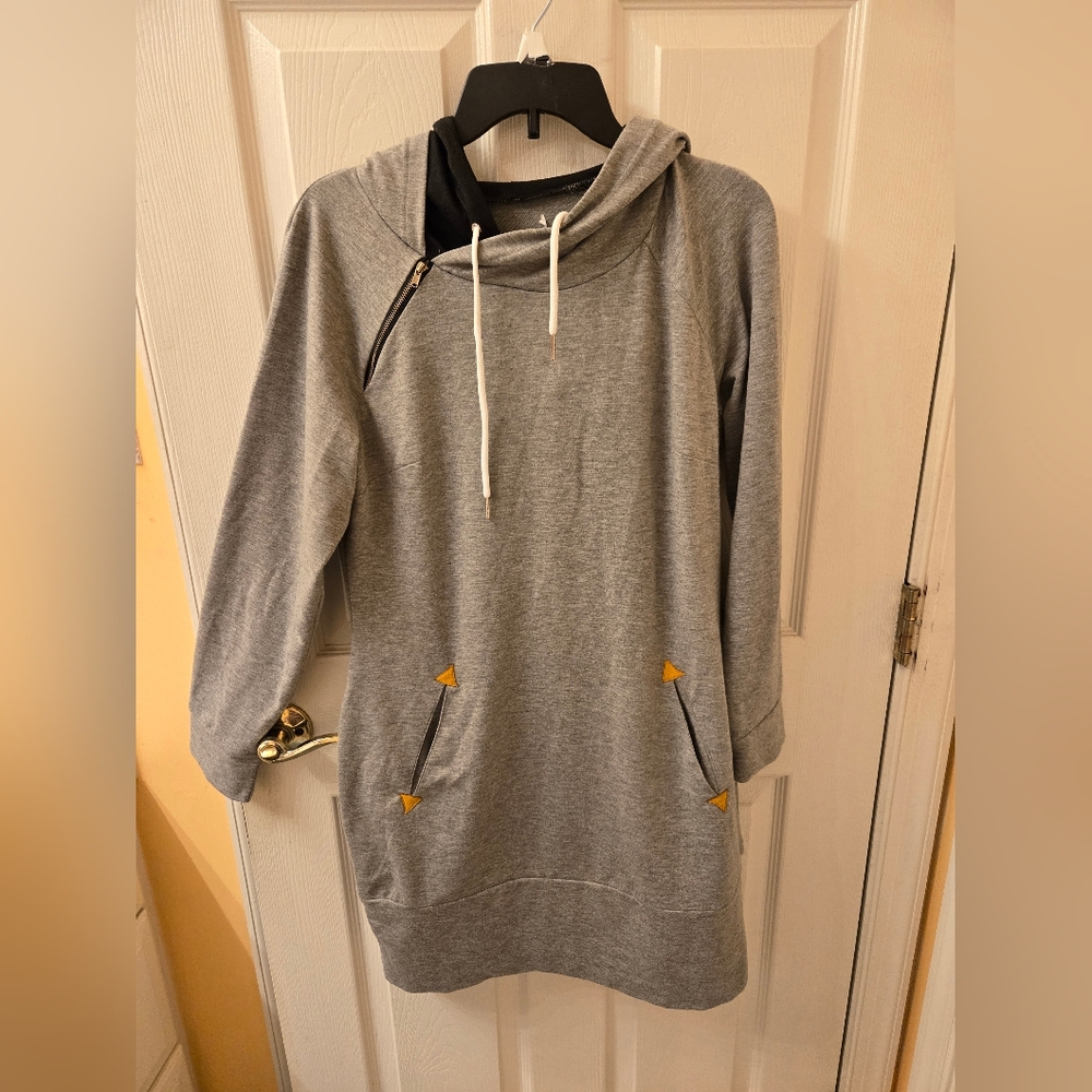 Gray Hooded Sweatshirt Dress with Yellow Accents